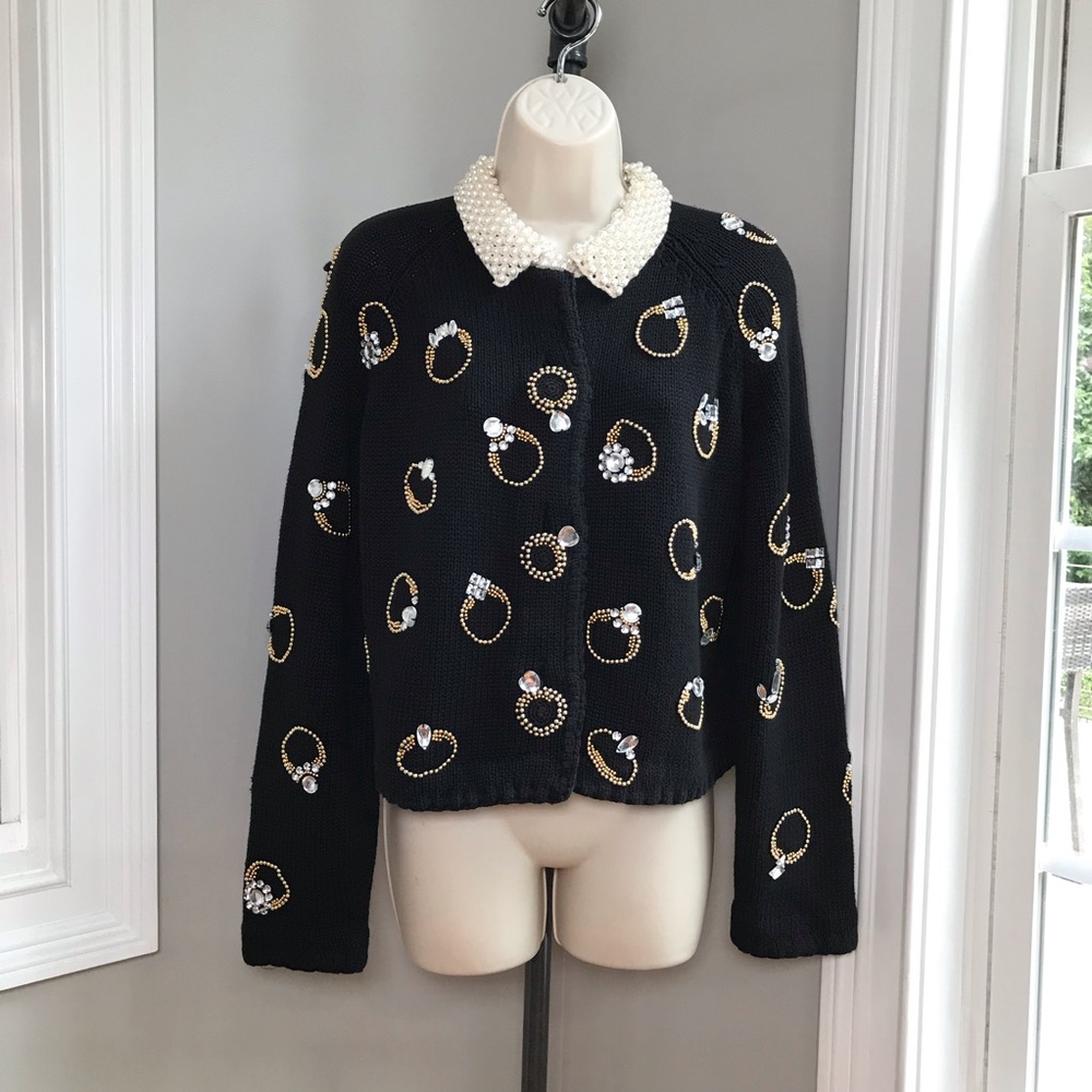 Vintage Michael Simon Diamond Ring Pearl Cardigan Sweater ~ Women’s OSFA
